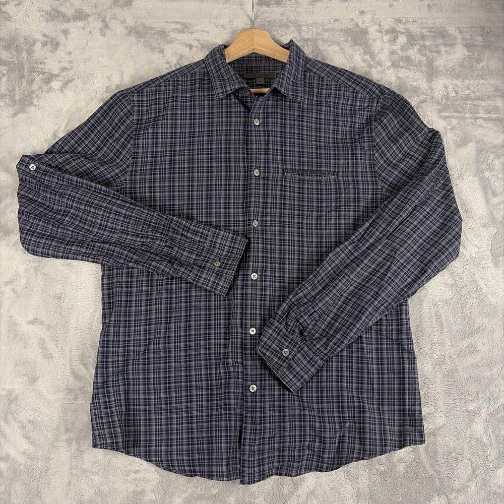 John Varvatos U.S.A. Shirt Mens Large Blue Plaid Long Sleeve Button Up Casual